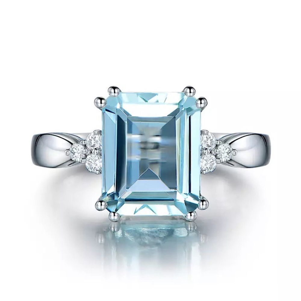 ❤️062❤️ 925 Sterling Silver Aquamarine Gemstone Diamond Ring - Picture 5 of 16